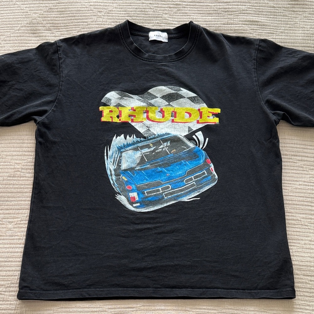 Rhude Black Tee NASCAR with Blue Car Graphic size Large